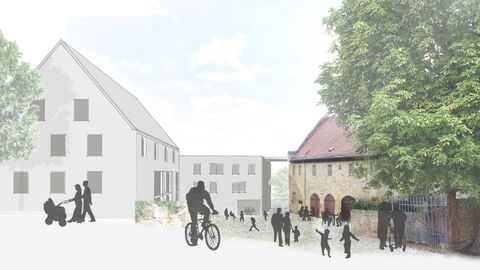 Comic einer Stadt mit Menschen, Häusern und Bäumen. 