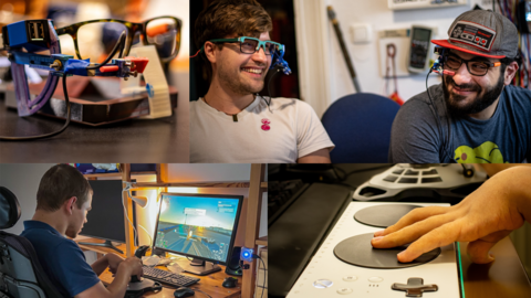 Preisträger Kategorie Unternehmen 2024 Fotokollage mit verschiedenen Gaming-Hilfsmitteln: Rollstuhlfahrer mit Einhandjoystick und zwei fröhliche Männer beim Testen einer bezahlbaren Eye-Tracking Brille.