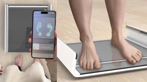 1. Preis Kategorie Newcomer 2024 Fotoanimation: Zwei nackte Füße stehen nebeneinander auf dem Fußscanner. Eine App visualisiert Wundrisiken des Fußes bei Diabetes.