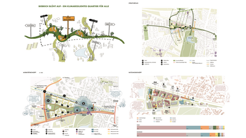 1. Preis Kategorie Newcomer 2024 Plankollage in dem die Struktur des Quartiers, die Wegebeziehungen, sowie das Mobilitäts- und Nutzungskonzept gezeigt werden.