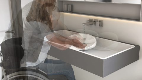 Anerkennung Kategorie Newcomer 2024 Animierte Darstellung des unterfahrbaren Waschtisches, in dem die Position der weich geformten Waschschale innerhalb des Systems nach ergonomischen Bedürfnissen individuell verschiebbar ist.