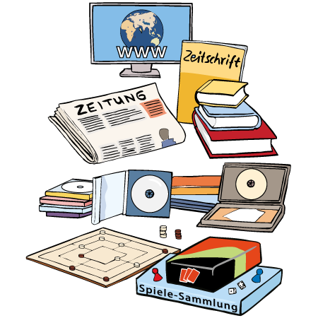 Diese Sachen kann man sich in einer Bibliothek ansehen oder ausleihen.